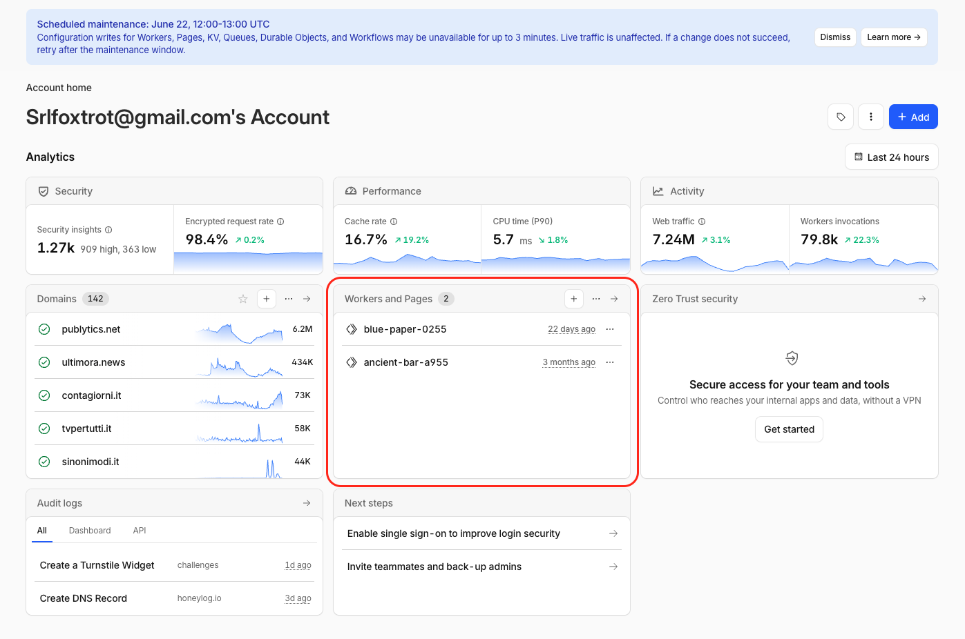 Cloudflare account home with Workers and Pages highlighted