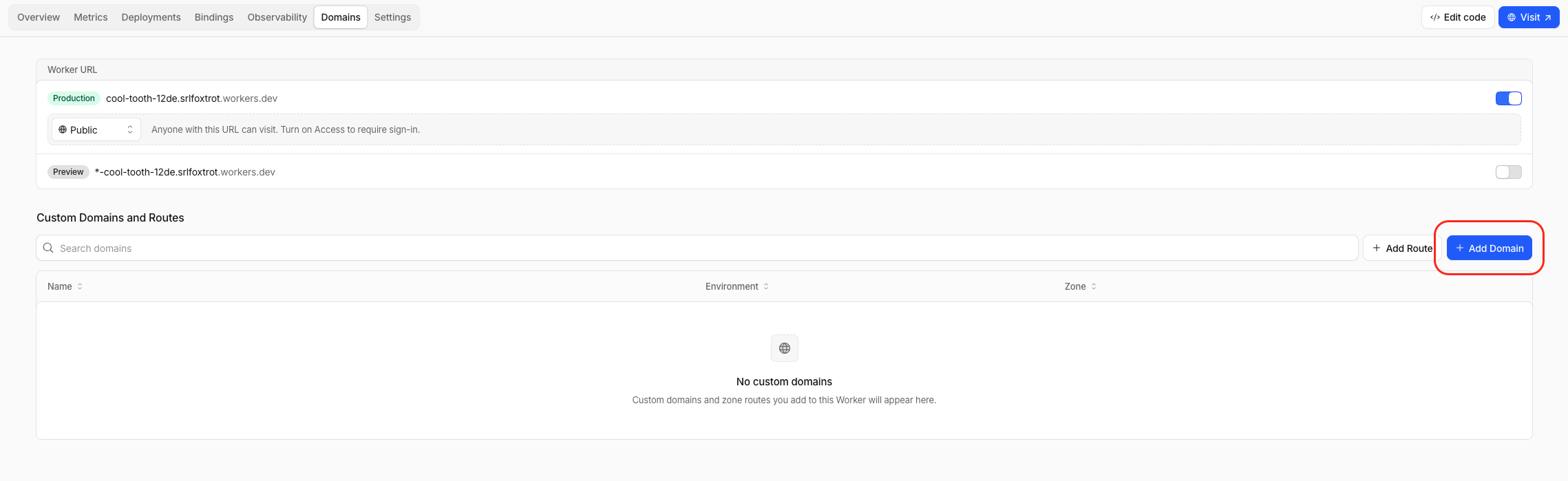 Cloudflare Worker Domains tab with Add Domain highlighted