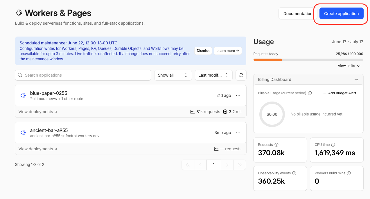 Cloudflare Workers and Pages page with Create application highlighted