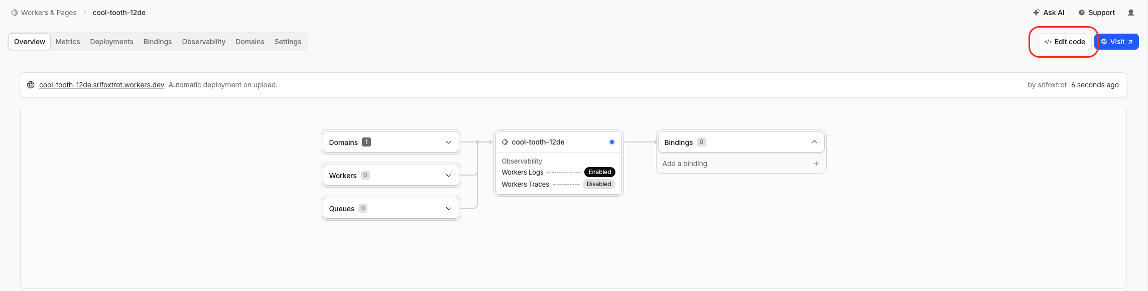 Cloudflare Worker overview with Edit code highlighted