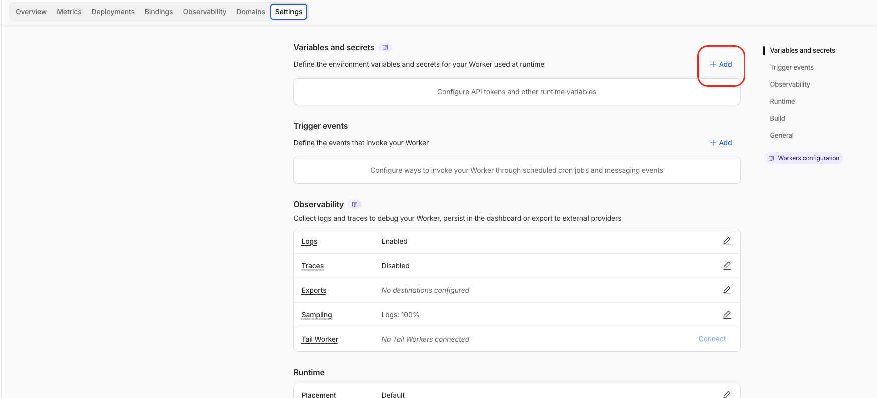 Cloudflare Worker settings page with Add variable highlighted