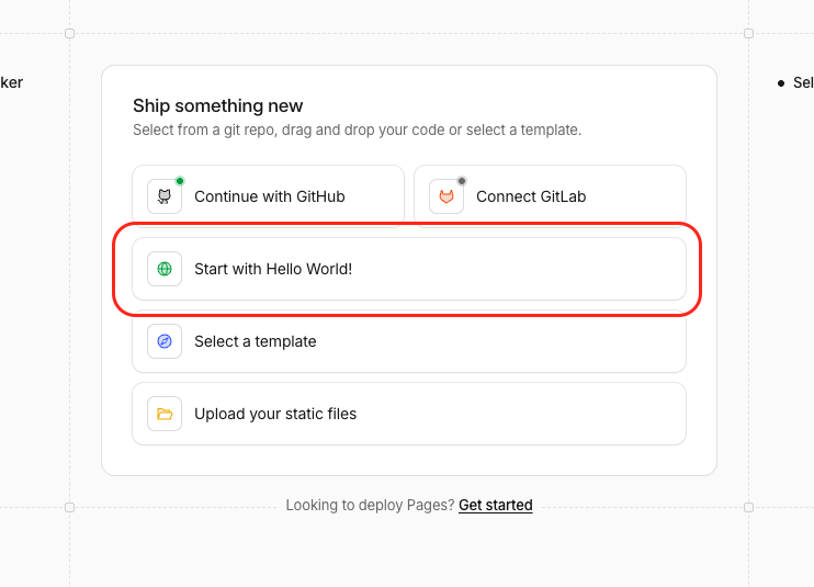 Cloudflare create Worker flow with Start with Hello World highlighted