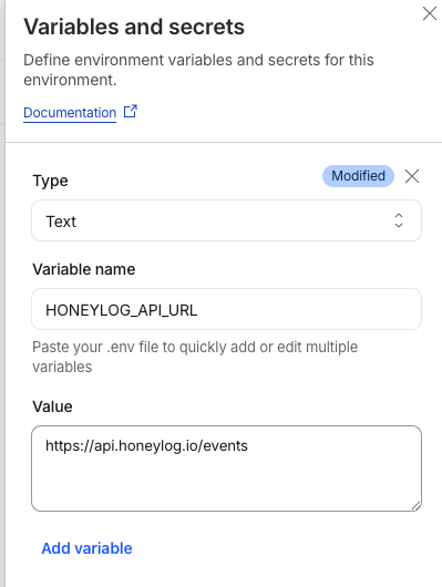Cloudflare Variables and secrets panel with HONEYLOG_API_URL
