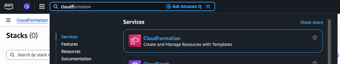 AWS console search result for CloudFormation