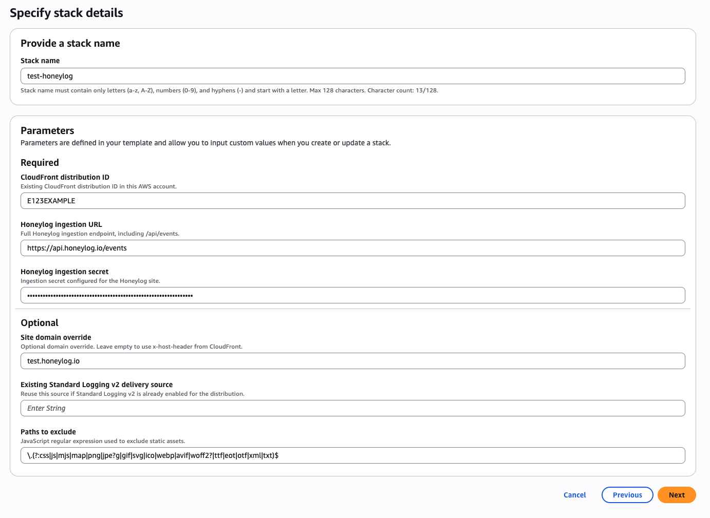 CloudFormation stack details form with Honeylog parameters
