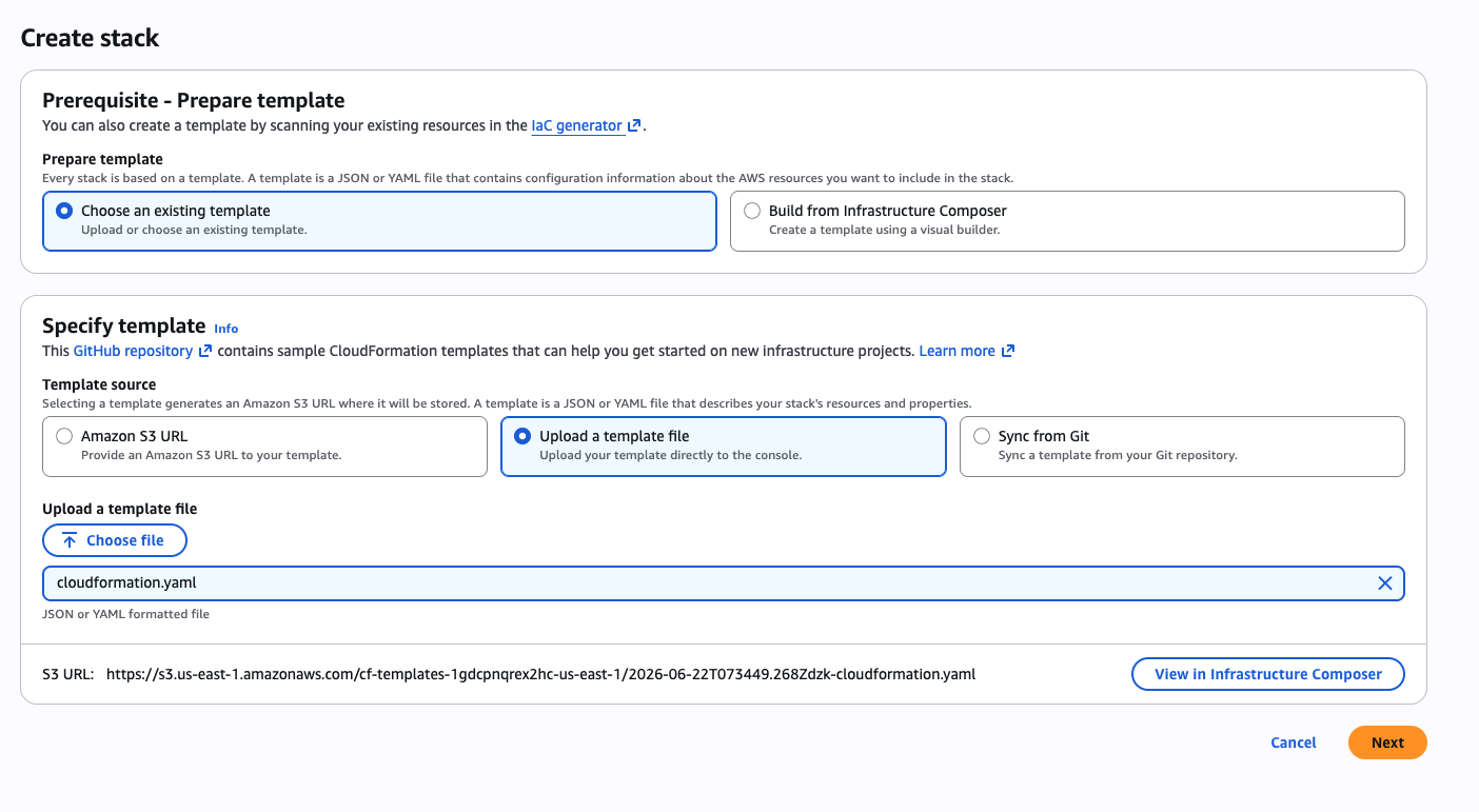 CloudFormation template upload screen with Choose an existing template and Upload a template file selected