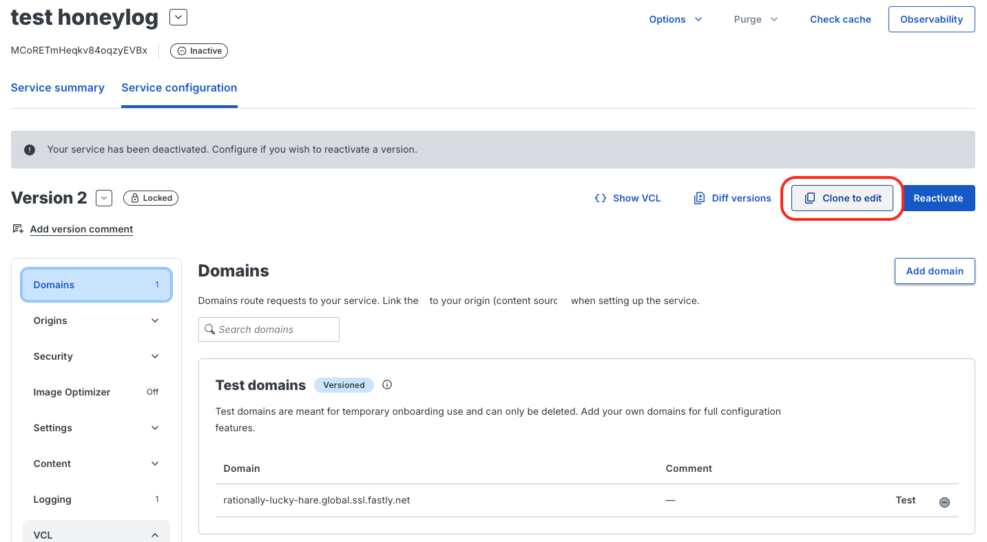 Fastly service configuration page with Clone to edit highlighted