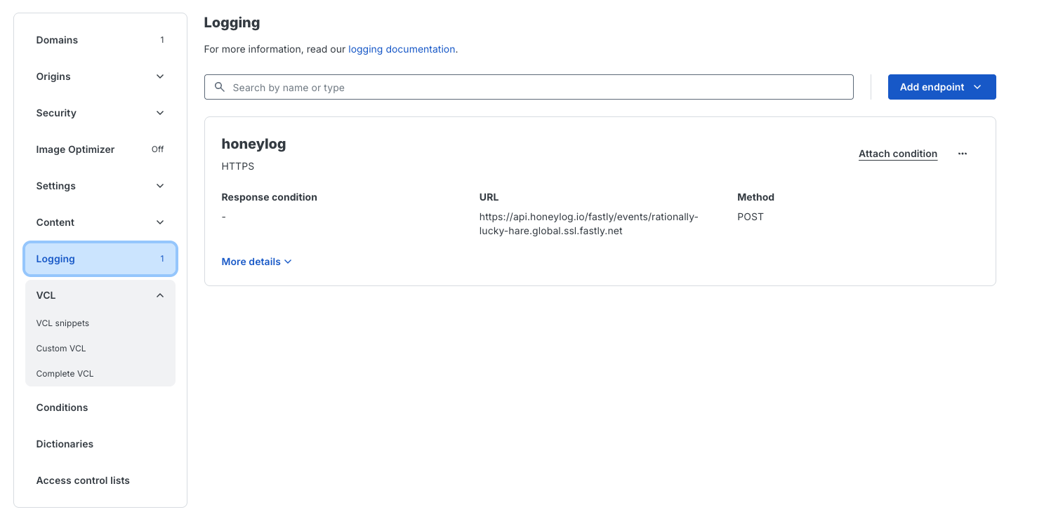 Fastly Logging page with the Honeylog HTTPS endpoint