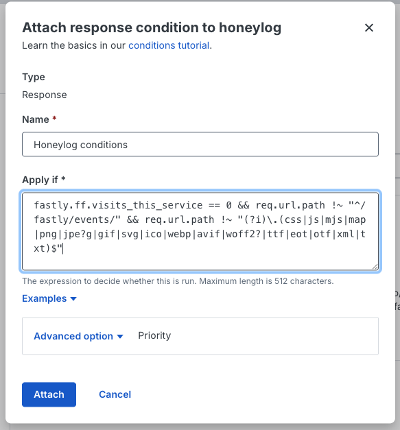 Fastly response condition modal with the Honeylog Apply if expression