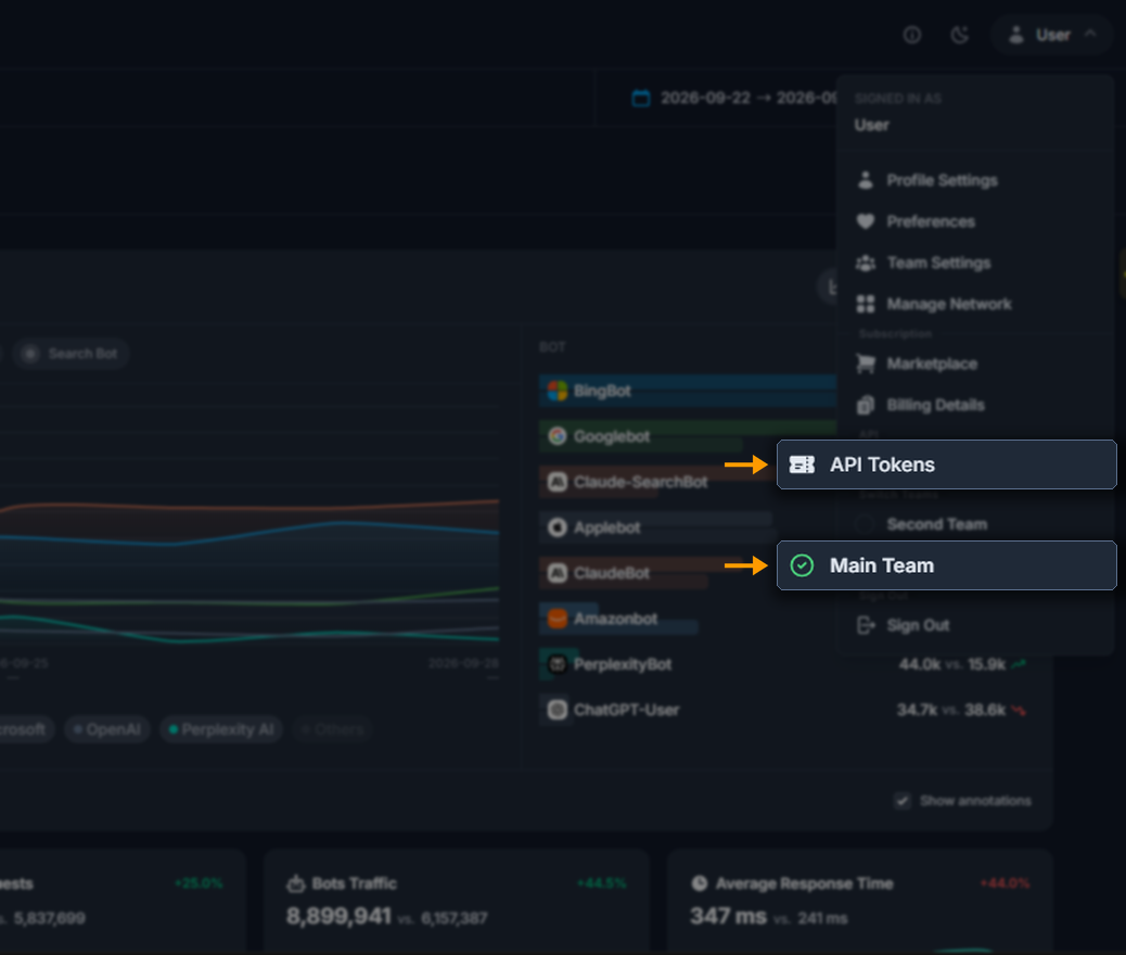 The Honeylog user menu, with the current team selected and the API Tokens entry highlighted.
