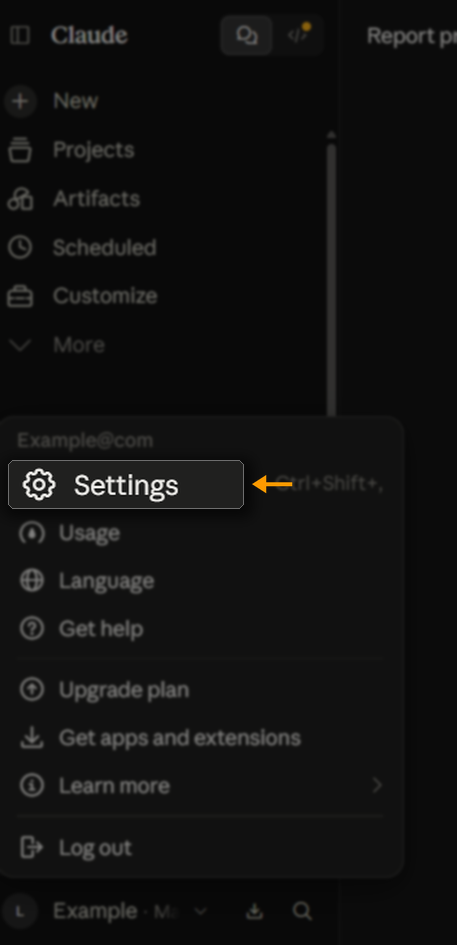 The Claude account menu with Settings highlighted.