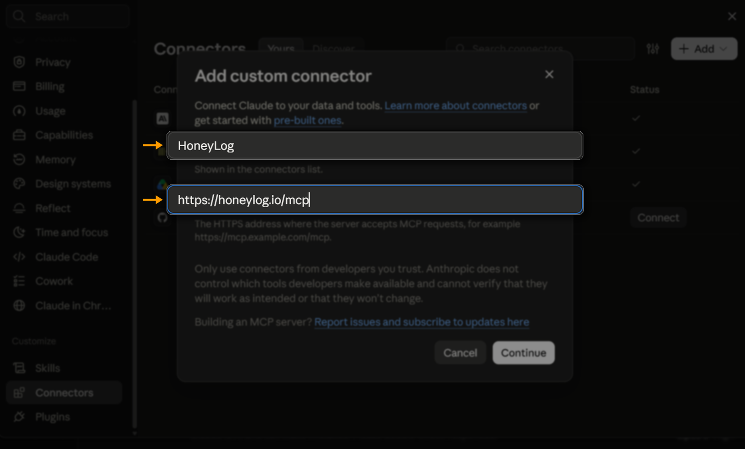 The Add custom connector dialog, with the name Honeylog and the server URL filled in.