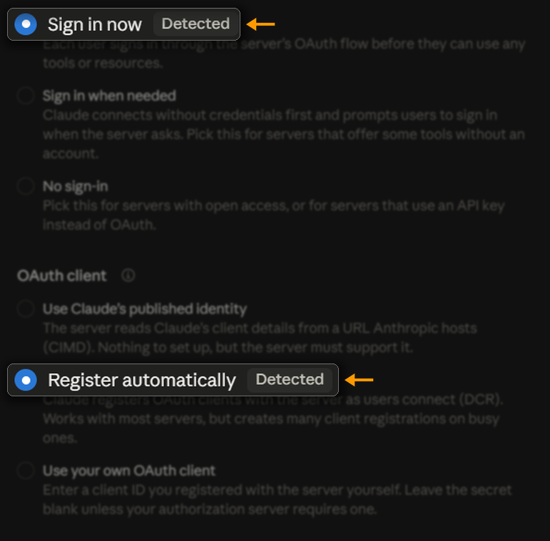 Claude's authentication step, with Sign in now and Register automatically both detected.