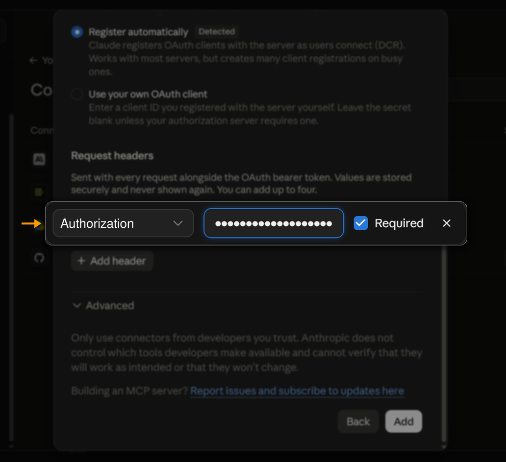 The Request headers section of the connector dialog, with a single required authorization header.