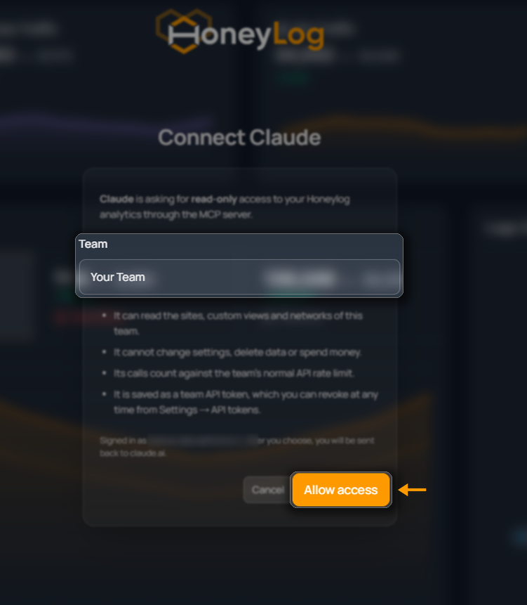 The Honeylog consent page, showing the team selector and the Allow access button.